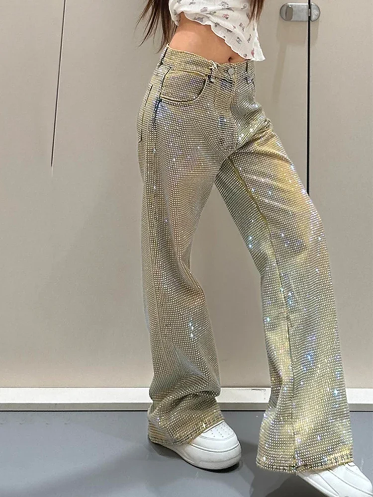Y2K Women Diamond Jeans Spicy Girl Design Summer Spring New Style Personality Star Print Niche Straight Leg Long Pants 3