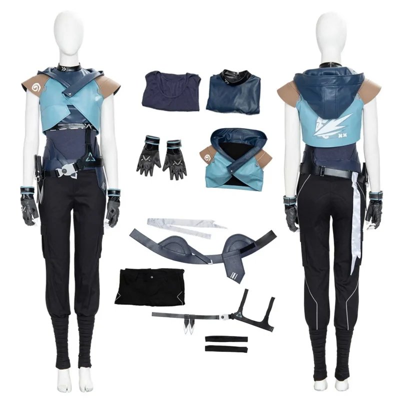 

Game Valorant Jett Cosplay Costume Blue Women Halloween Outfits Full Set Uniform Suit Party Wig Jett Cos