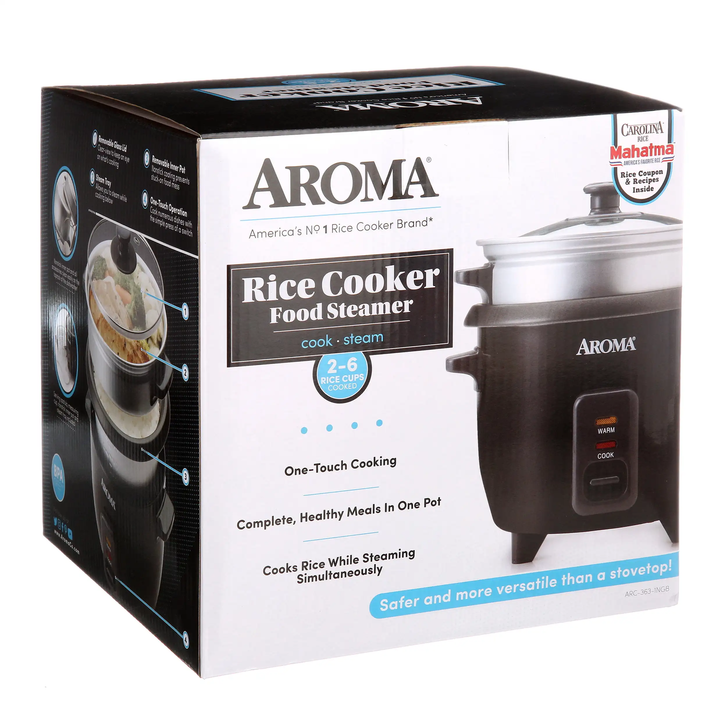 AROMA 6-Cup Black Rice Cooker with Removable Steam Tray ARC-363