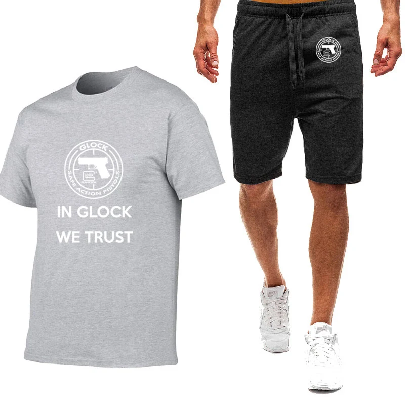 Glock Perfection Shooting Print Men T-shirt Two-piece Suit Cotton Short-Sleeved T-shirt + Shorts Set Sportswear Fitness Clothes