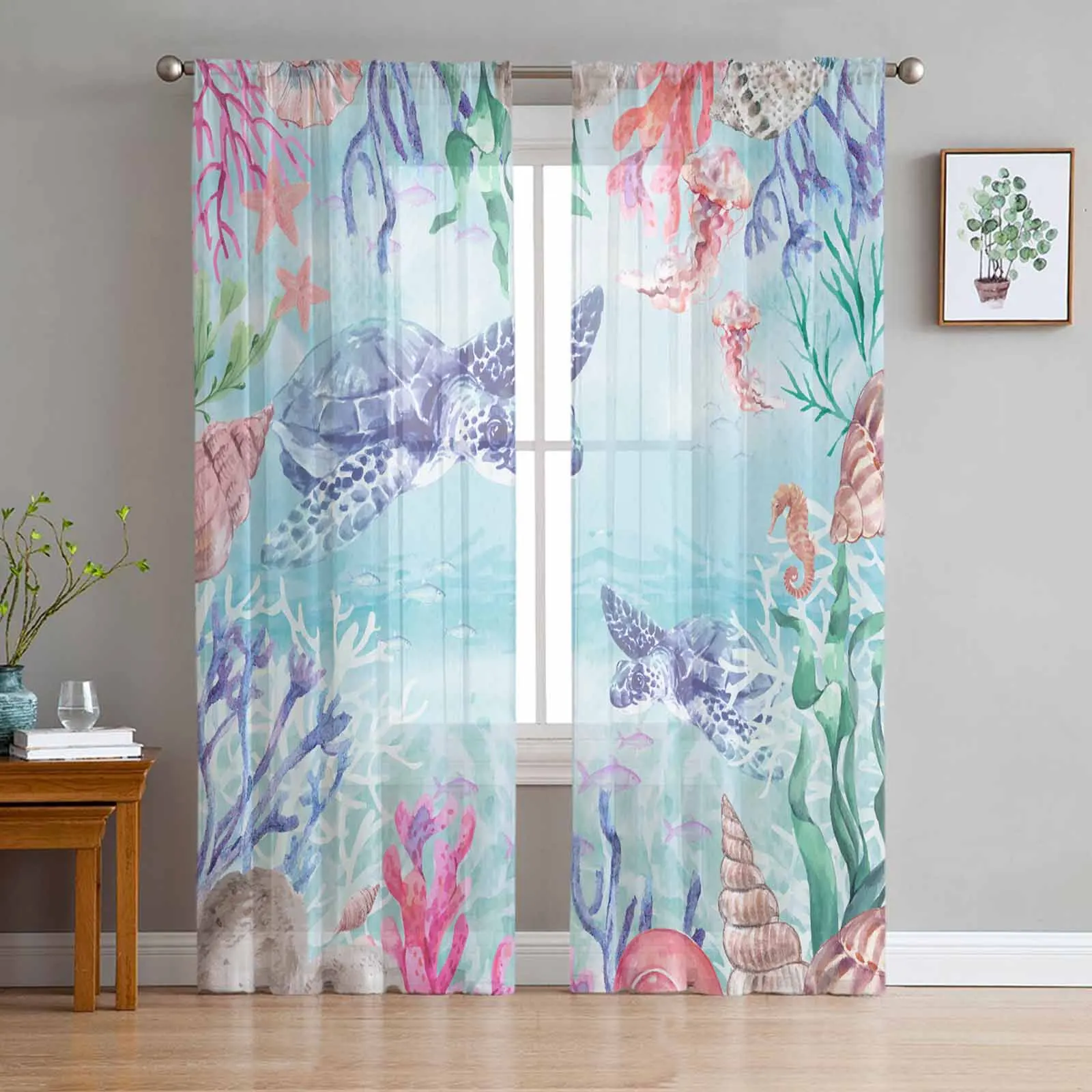 

Ocean Coral Starfish Watercolor Tulle Curtains for Living Room Sheer Curtain for Bedroom Kitchen Blinds Voile Curtains