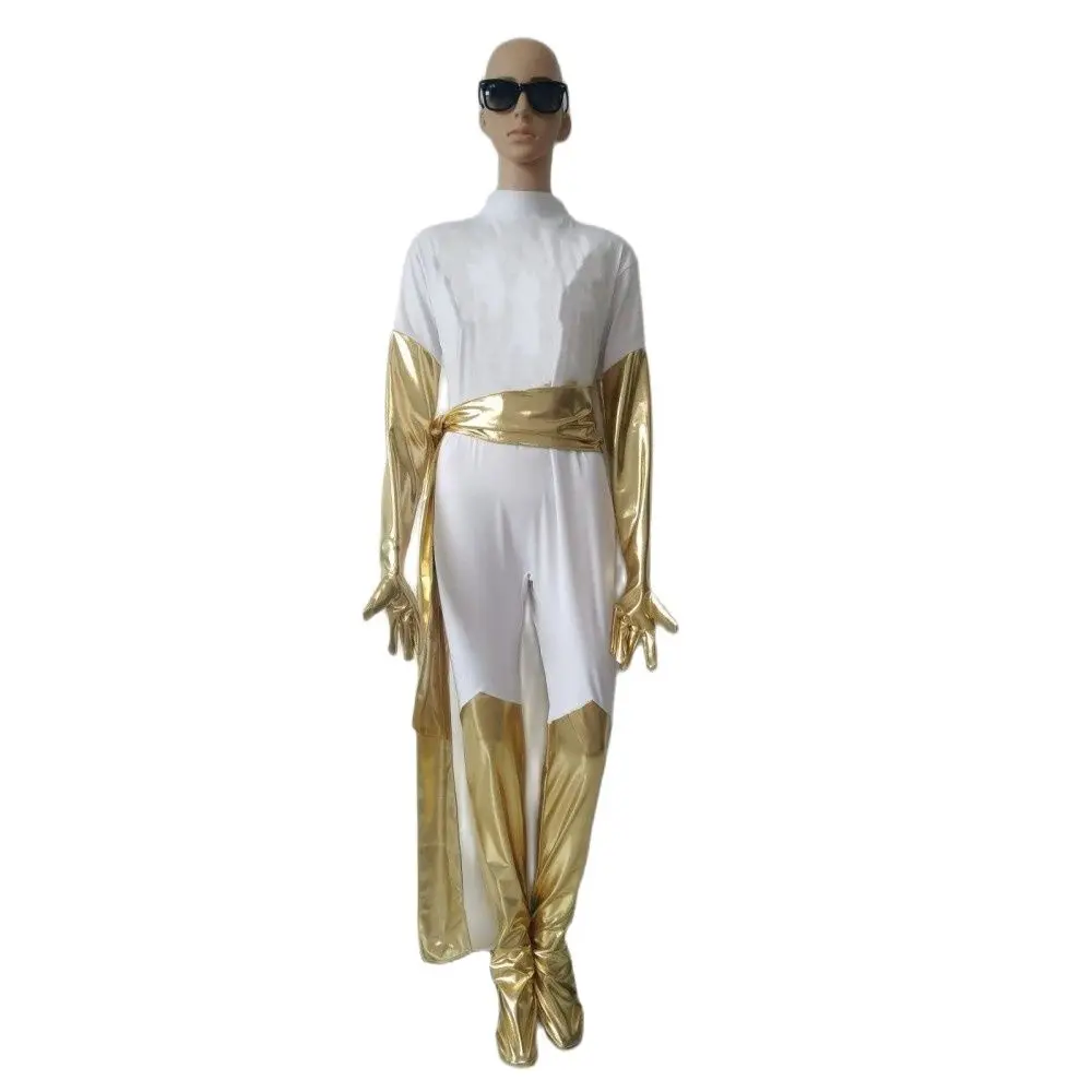

Fashion cosplay white&gold shiny Catsuit Unisex Spandex Zentai Bodysuit jumpsuit Unisex Outfit Halloween Party Fancy Dress