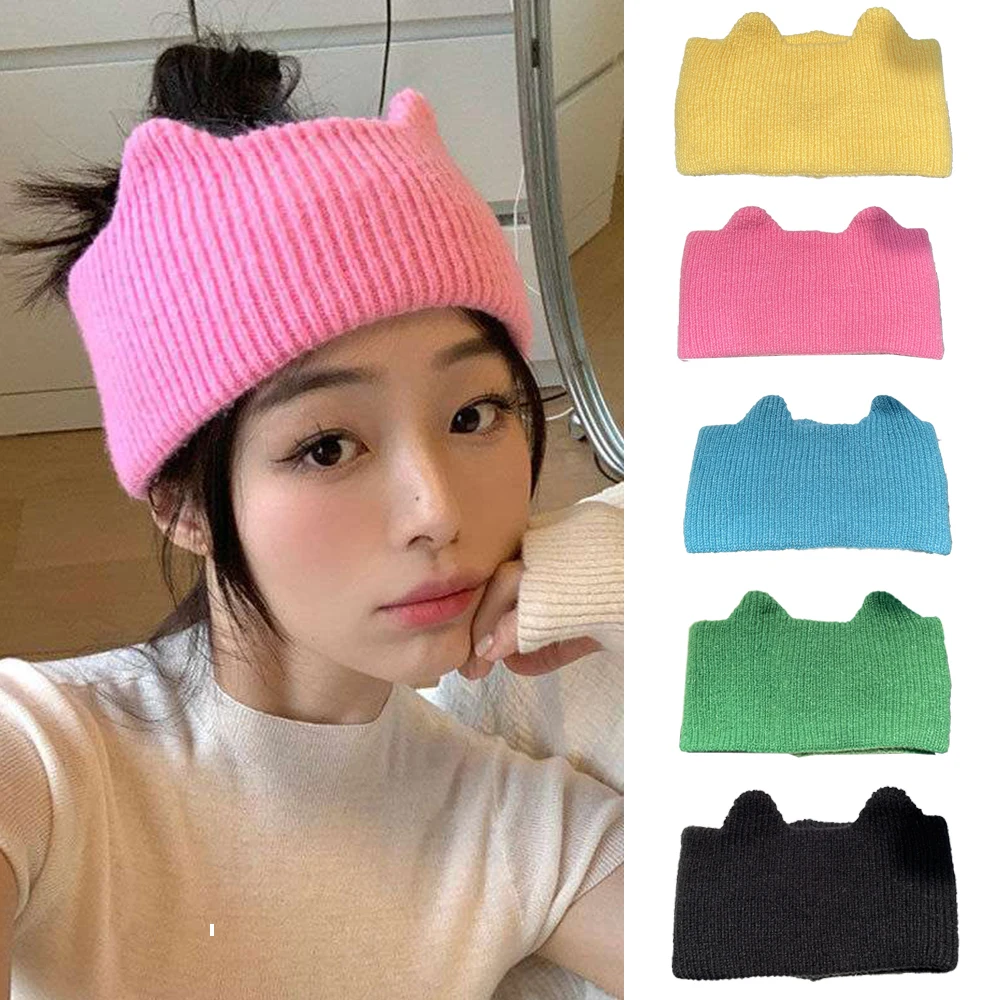 

New Cute Cat Ears Warm Knitted Headband Female Retro Face Wash Elastic Hair Bands Wide-brimmed Head Wrap Solid Winter2023