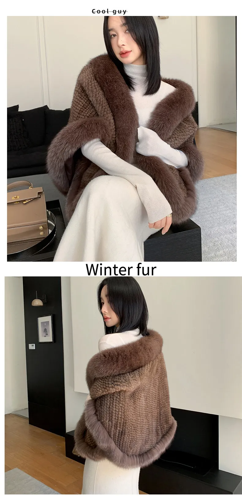 Cafébrauner Echter Nerzpelz-Schal für Damen Herbst Winter Luxuriöser Fuchspelz-Besetzter Umhang Elegante Damen-Oberbekleidung – Detail 6