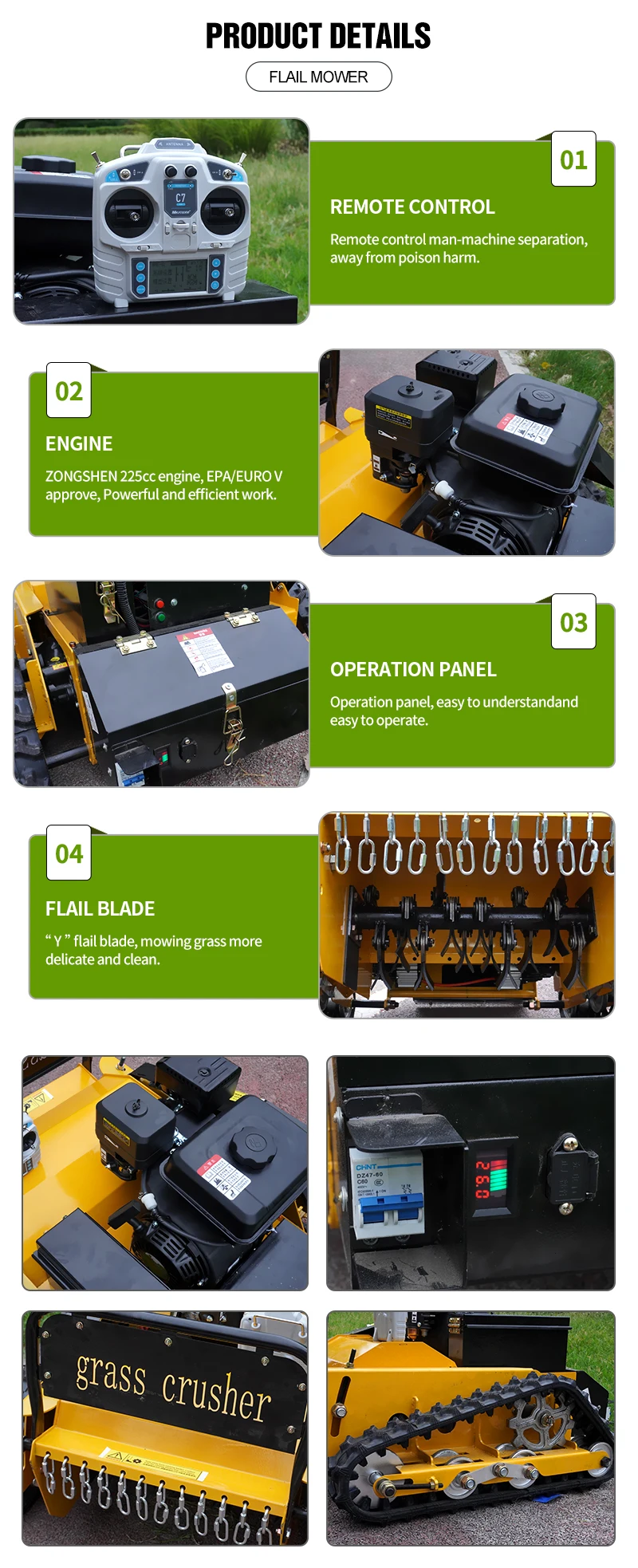 Description Picture 6 of itemCustomized Gasoline Remote Control Lawn Mower Good Quality Flail Grass Cutting Machine Anti-slip