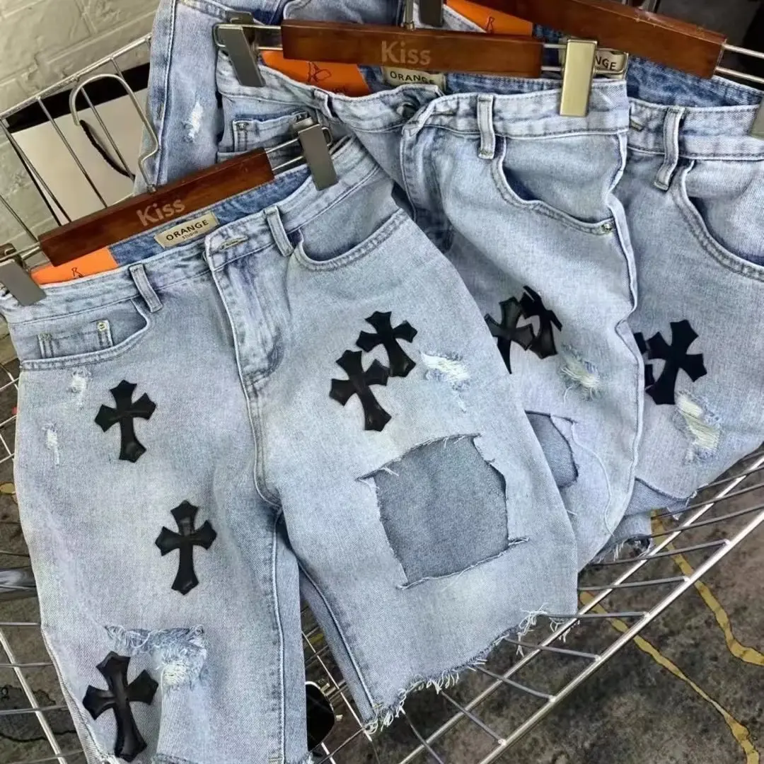 Design brand Summer Man Jeans Y2K Ripped Damage Denim Shorts High Street Cross patch With Embroidery Shorts Jeans