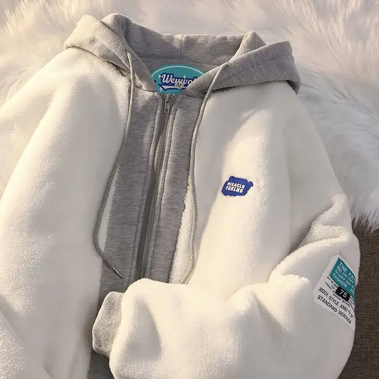 Hip-hop winter lamb wool hooded sweater women's padded jacket couple sweater top fashion fake two-piece velvet thick coat