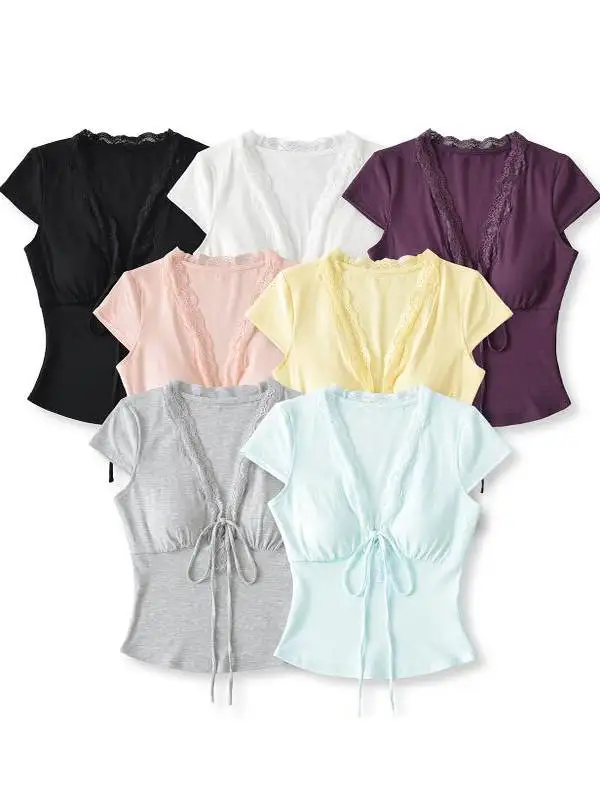 Sexy V-Ne ort Sve T-irt Lace Patchwork Slim Fit oulder Pad Street Sle Summer Top for Young Women