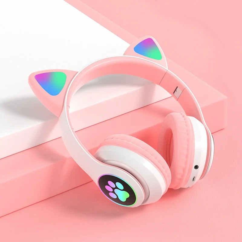 Auriculares Bluetooth para colocar sobre las orejas Auriculares con orejas  de gato para niña rosa Luz LED RGB Auriculares inalámbricos estéreo  plegables Auriculares para niños Micrófono tele JFHHH pequeña