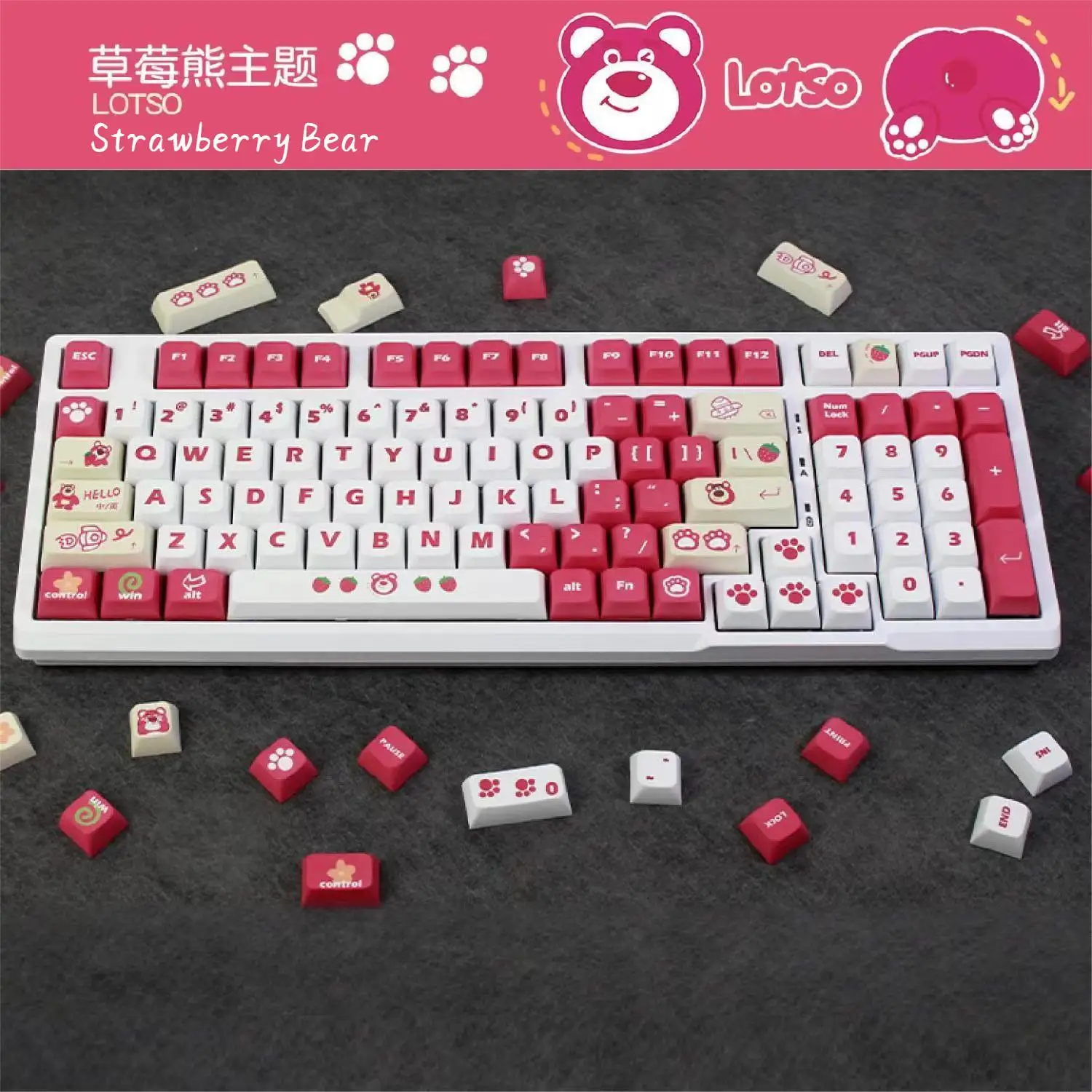 

Strawberry Bear 122 PBT Key Caps Set XDA Profile For Mechanical Keyboard Dye Sublimation Cute Anime White-pink Backlight Keycaps