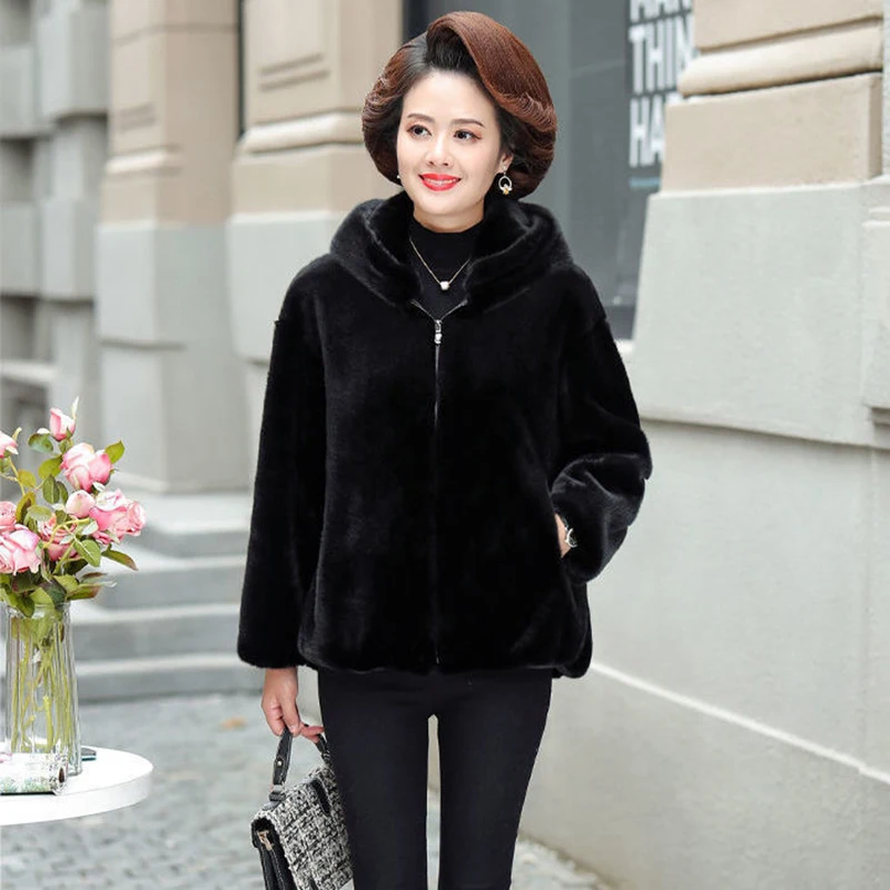 Plus Size Hoodded Faux Fur Coat Women Vintage Imaitation Mink Plush Short Jacket All-Match Thick Zipper Lamb Wool Outwear S-5XL