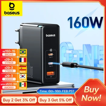 Baseus 160W GaN 고속 충전기, 노트북 태블릿 아이폰 15 14 C타입 충전기, USB 휴대폰 충전기 포함, PD3.1 QC PPS 지원