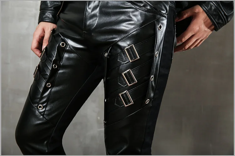 Mens Punk Fashion PU Leather Pants Personality Motorcycle Pencil Trousers Hip Hop Applique Black Leather Trousers Male