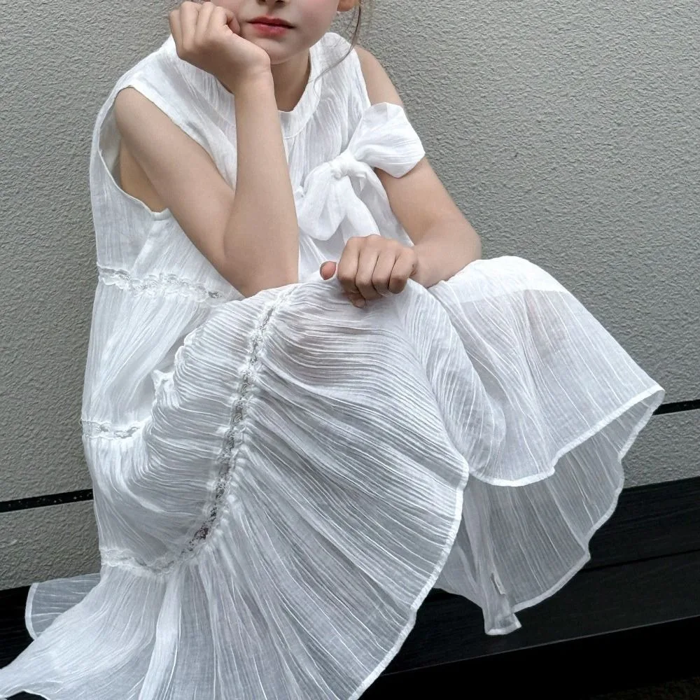 Elegant Ruffle Girls Princess Dress Loose Large Bow Summer Cake Dress Children Party Teens Long Dress Students