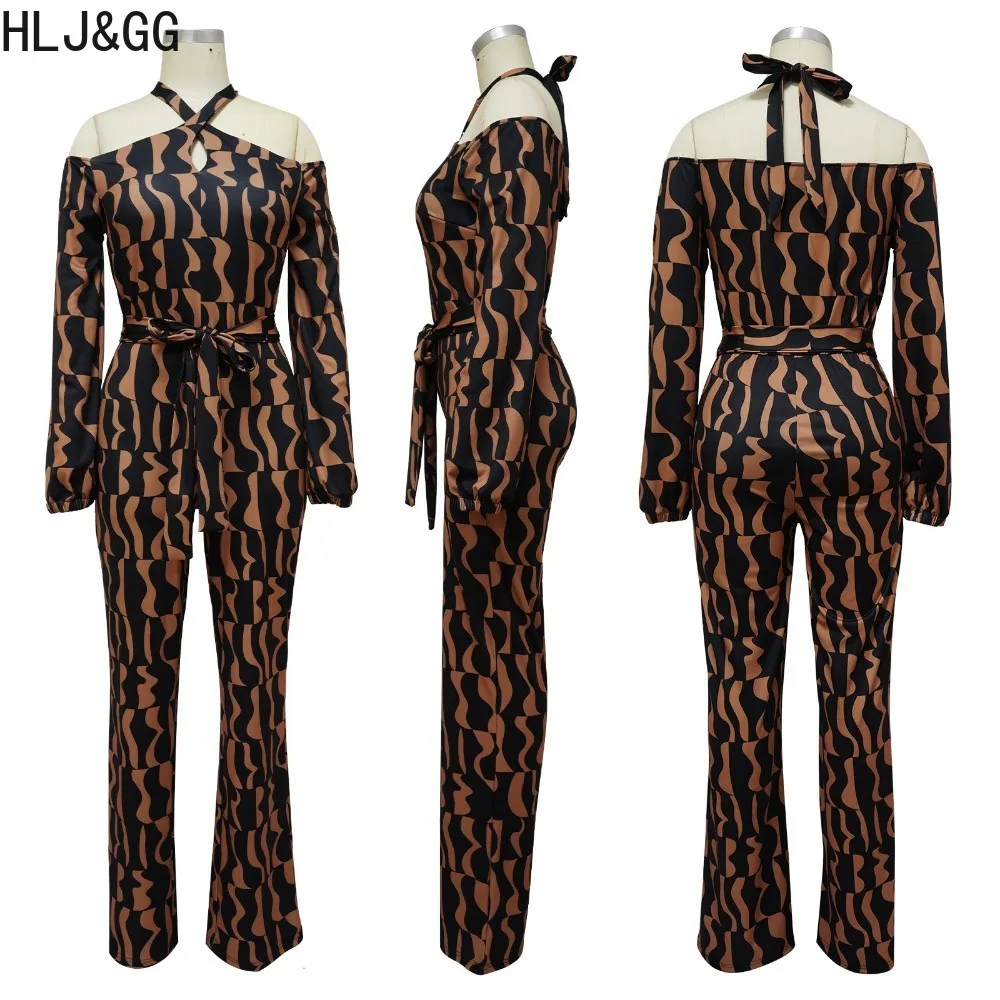 HLJ&GG Spring New Printing Halter Lace Up Off Shoulder Jumpsuits Women Long Sleeveless Backless Straight Playsuit Casual Overall