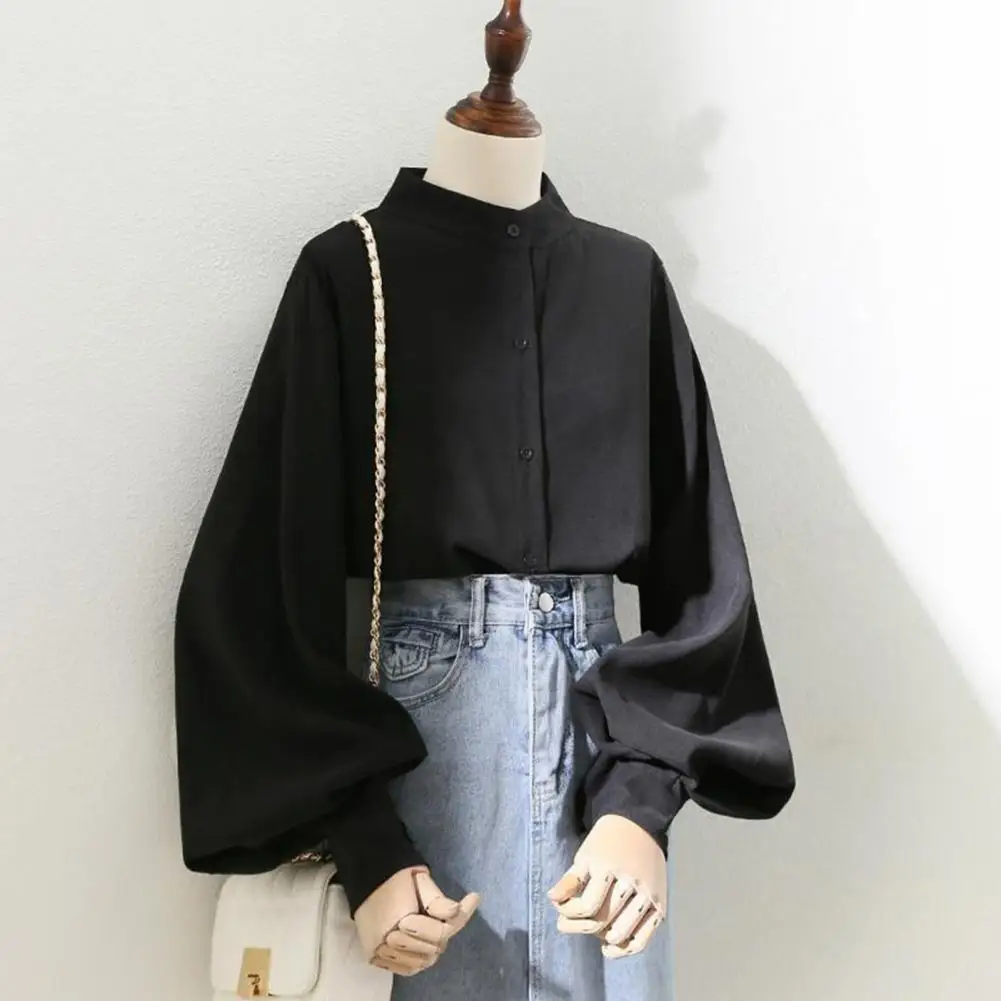 

Breathable Long-sleeve Shirt Single-breasted Button Cardigan Elegant Women's Stand Collar Cardigan Blouse with for Formal