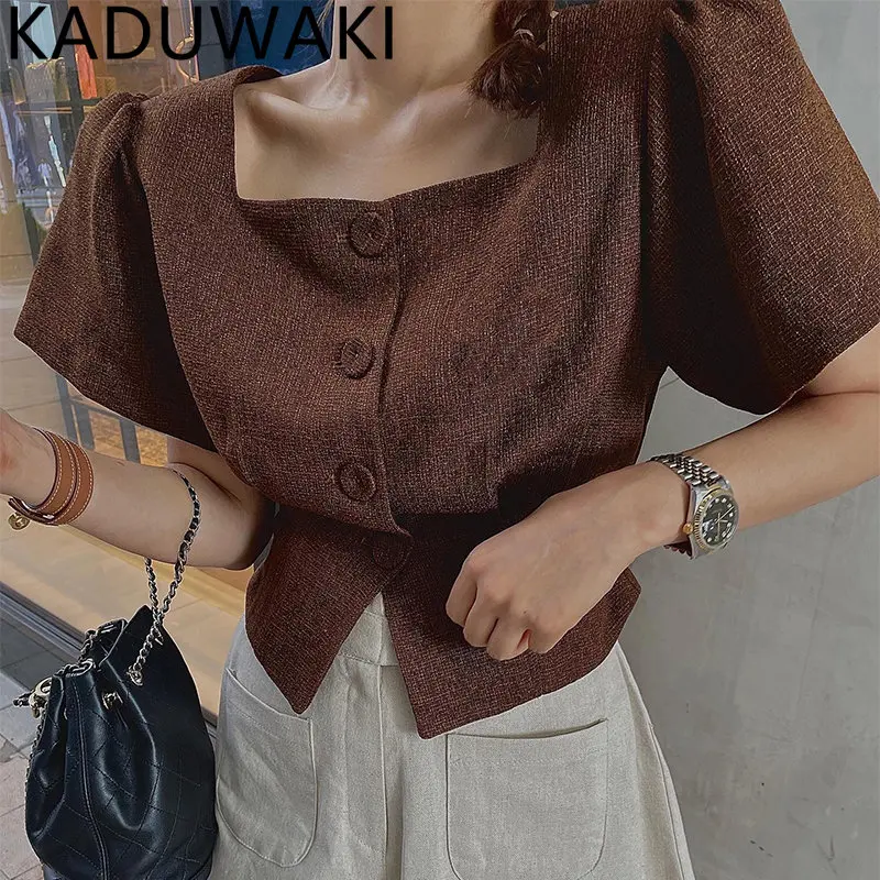 

Korea Retro Vintage Chic Square Neck Collar Tops Women Summer Short Sleeve Slim Waist Blouse Single Breasted Button Shirts