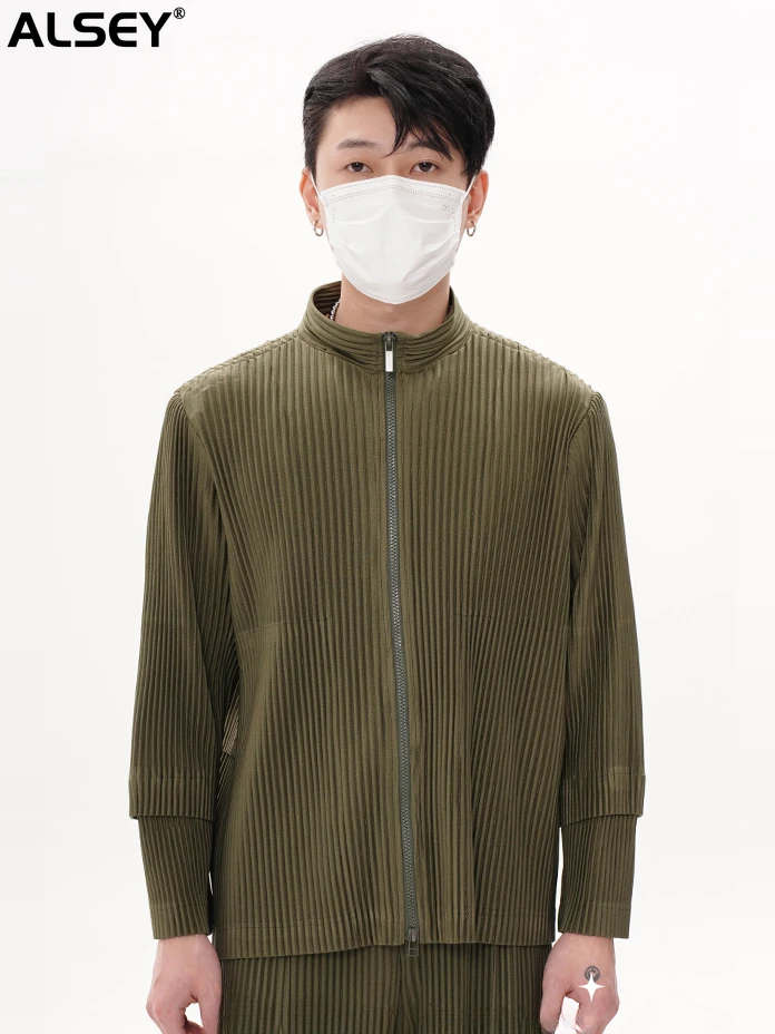 

ALSEY Japanese Pleated Sweatshirt Zipper Casual Solid Color Patchwork Sleeve Round Neck Standing Collar Punch Man Top Clothing