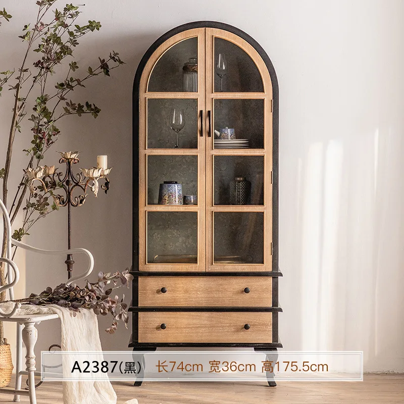 

Furniture Glass Door Decoration American Country Retro Solid Wood Living Room Wine Locker