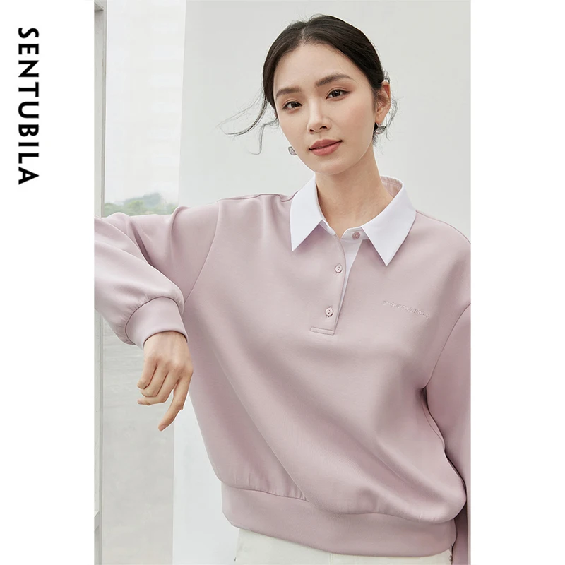 SENTUBILA Patchwork Spliced Sweatshirt for Women 2024 Winter Cotton Casual 2 in 1 Pullover Embroidery POLO Neck Tops 143A56445 5
