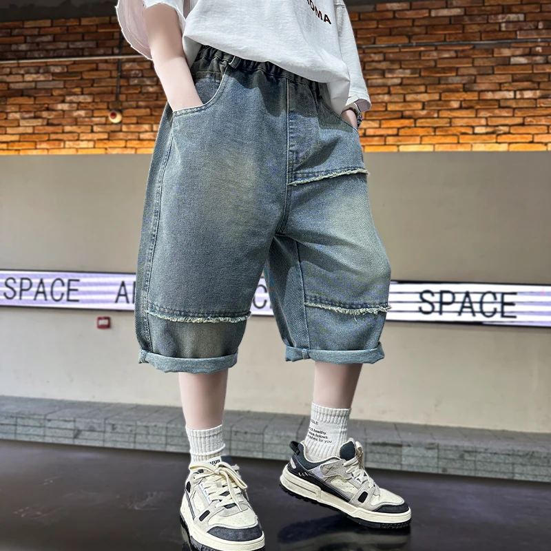 Brief Style Children Summer Shorts For Boys Solid Color Patchwork Denim Shorts Jeans Kids Teenager Casual Capris Pants 5 to 14 Y