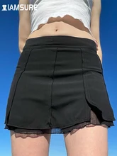 

IAMSURE Casual Solid Split A-Line Skirt Basic Slim Mid-Waisted Patchwork Mini Skirt Women 2022 Streetwear Ladies Preppy Style