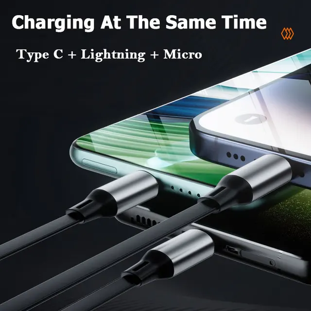 3 In 1 100W 6A USB-A to Type C Micro Lightning Fast Charging Data Cable For iPhone Samsung Huawei Android Phone USB Charger Wire 2