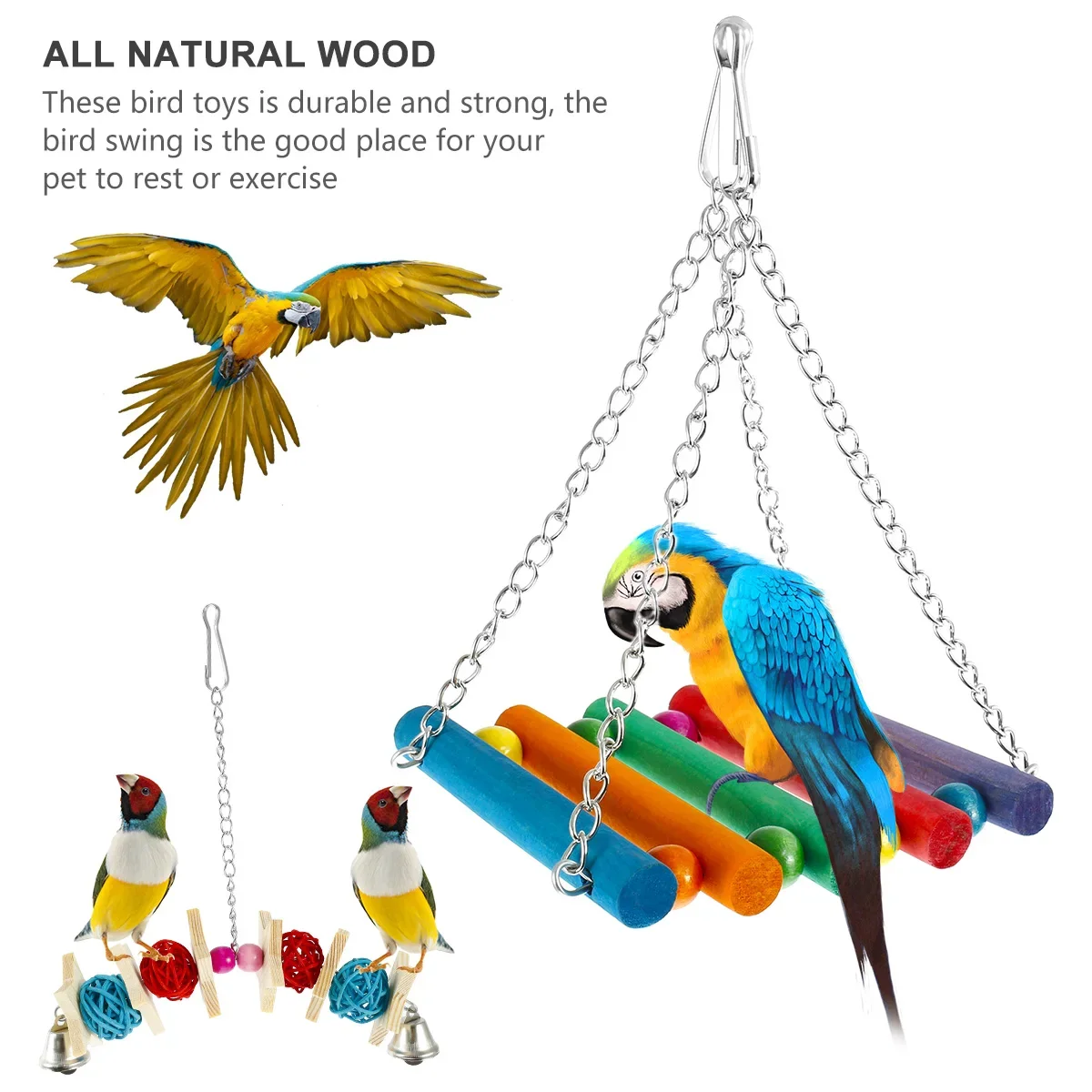 7Pcs Bird Parrot Toy Wood Colorful Bird Swing Toy Hanging Parrot Chewing Playing Training for Parakeets
