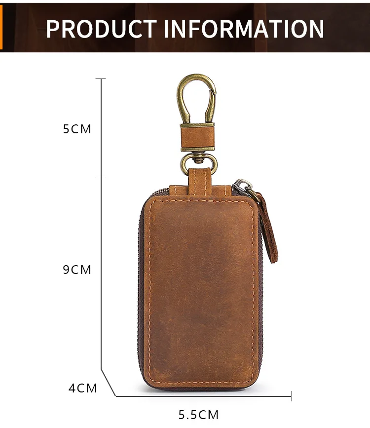 New Genuine Leather Car Key Pouch Wallet Double Zipper Crazy Horse Leather Designer Keychain Holder Organizer Key Case Bag Cover