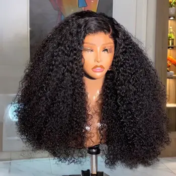 Kinky Curly Black Color Synthetic Soft 13X4 HD Lace Frontal Wig For Black Women Prepucked Bleach Knots Glueless Wig Daily Party