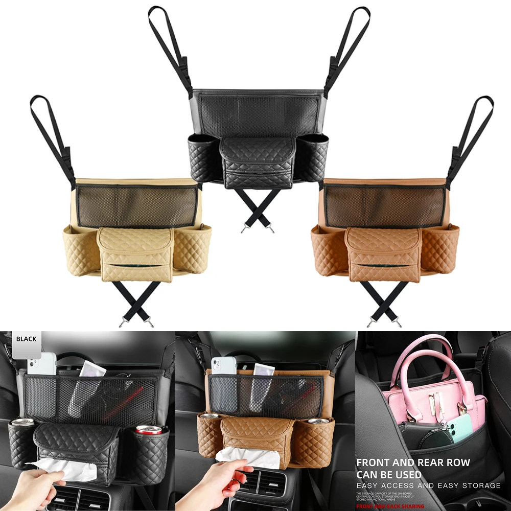 Leder Auto Sitz Mitte Kleiderbügel Lagerung Tasche Auto Handtasche Halter  Zwischen Sitze Tissue Wasser Tasse Taschen Verstauen Aufräumen Universal -  AliExpress