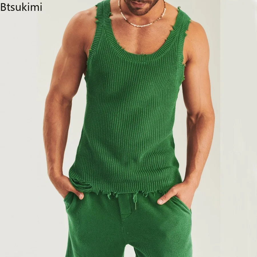 New 2024 Men's Summer Casual 2PCS Sets Knitted Fashion Tank Tops and Shorts Sets Mens Two Piece Set Streetwear Clothes Men Sets