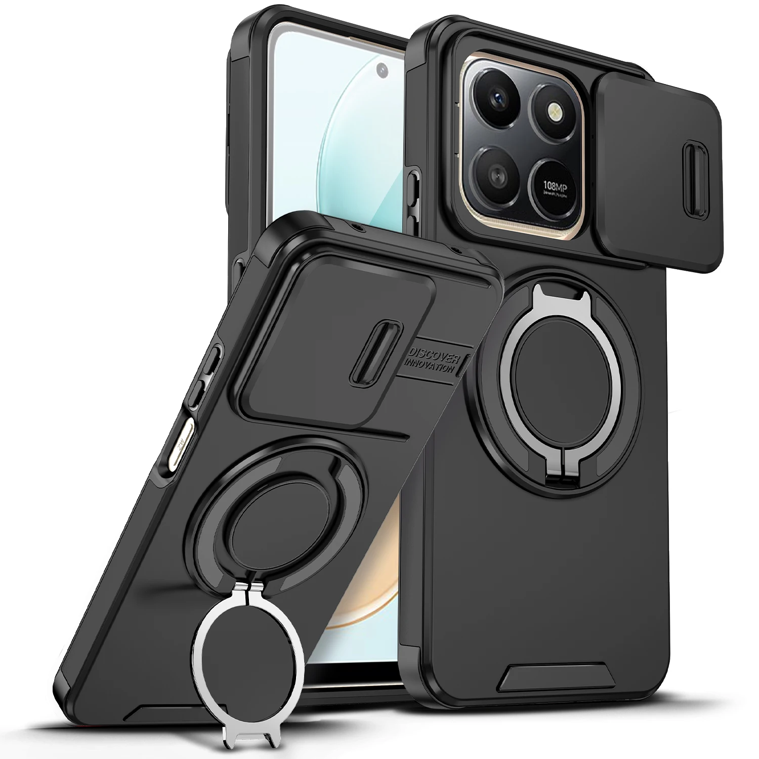 Funda Protectora para Teléfono con Protección de Lente de Cámara Deslizante para Honor 400 Smart X7D 360 ° Soporte Giratorio para Anillo, Soporte Anticaídas, Cubierta Trasera a Prueba de Golpes