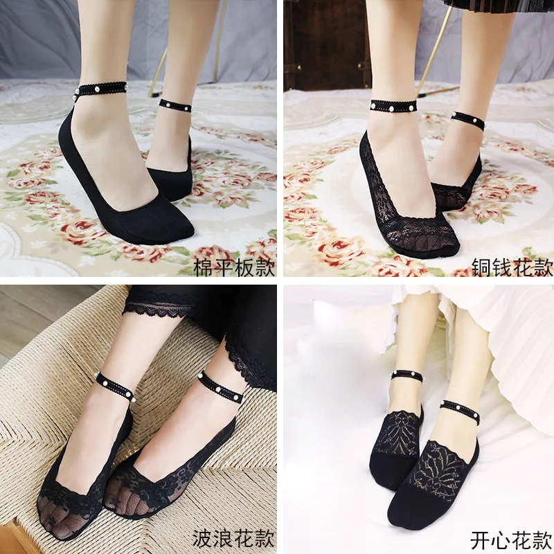 

Floor Stand Socks Mesh Red Tie Socks Lace Edge Thin Low Cut Invisible Pearl Boat Socks