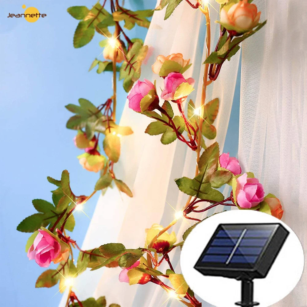 Solar Flower Green Leaf String Lights Artificial Vine Fairy Lights Outdoor Solar Lights Christmas Tree Garland Light for Weeding christmas artificial branches natural artificial foliage plants leaves flower