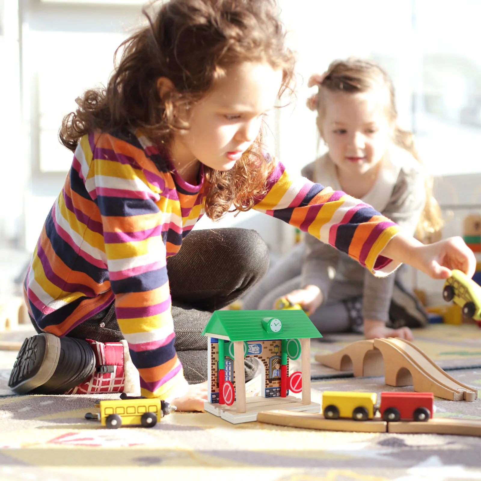 Wooden Railway Station Toy Smooth Pretend Play Train Track Accessories Small Simulation Model for Kids Games