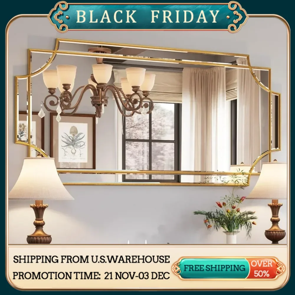 Decorative Mirror, 24 x 48 Inch Wooden Mirror for Wall, Art Decorative Mirror for Bathroom, Living Room, Traditional Style, Gold