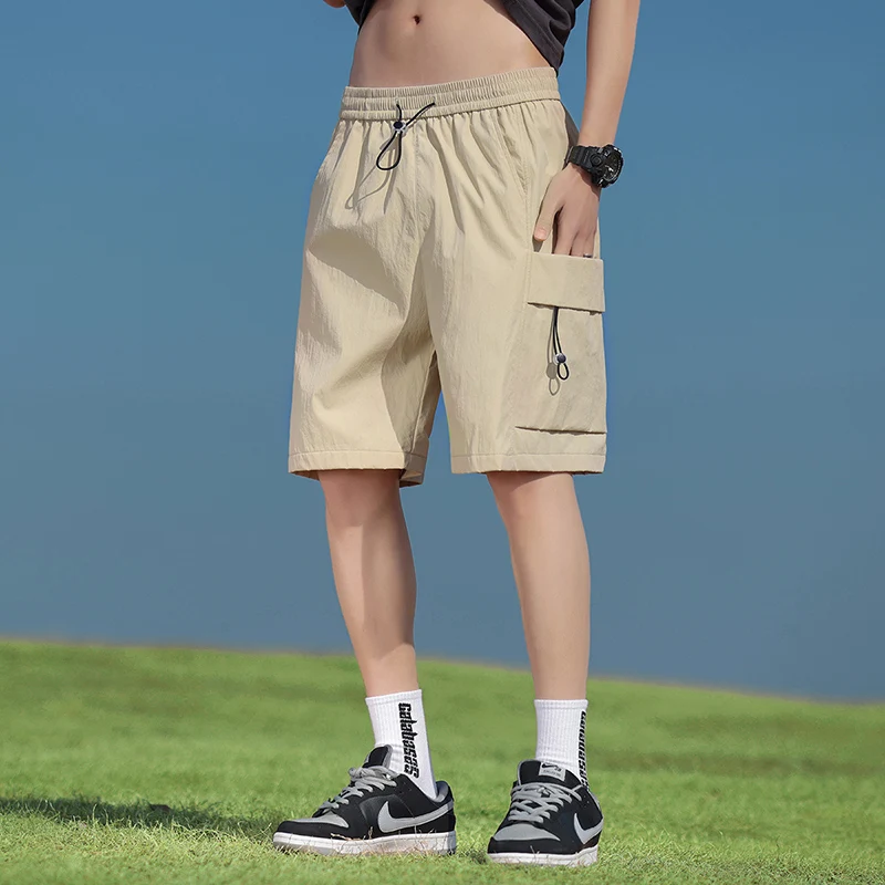 Solid Color Men's Summer Drawstring Pockets Elastic High Waisted Fashionable Clothing Sports Pants Straight Vacation Shorts