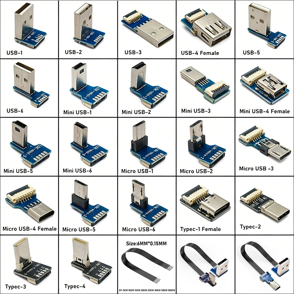 1 Stück FFC Mini Micro USB Verlängerungskabel Typ-C Flachbandkabel 90° FPV Schlankes Flexibles FPC Ladeanschluss USB2.0