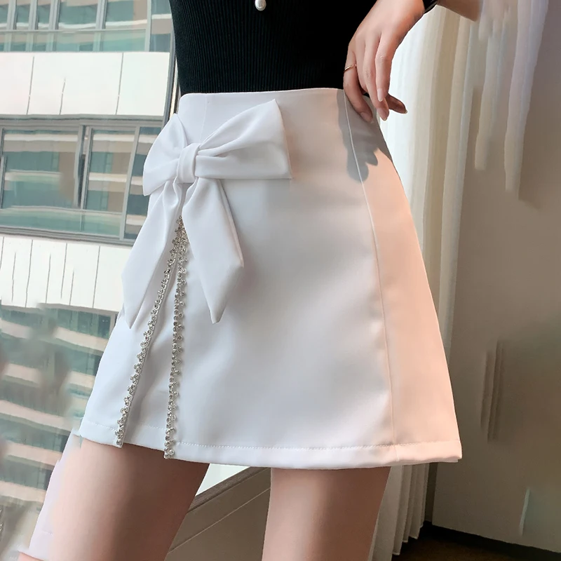 2024 Women Korean High Waist Solid Oversized Elegant Pencil Skirts Big Bow Knotted Female Summer A-Line Diamond Mini Short Skirt