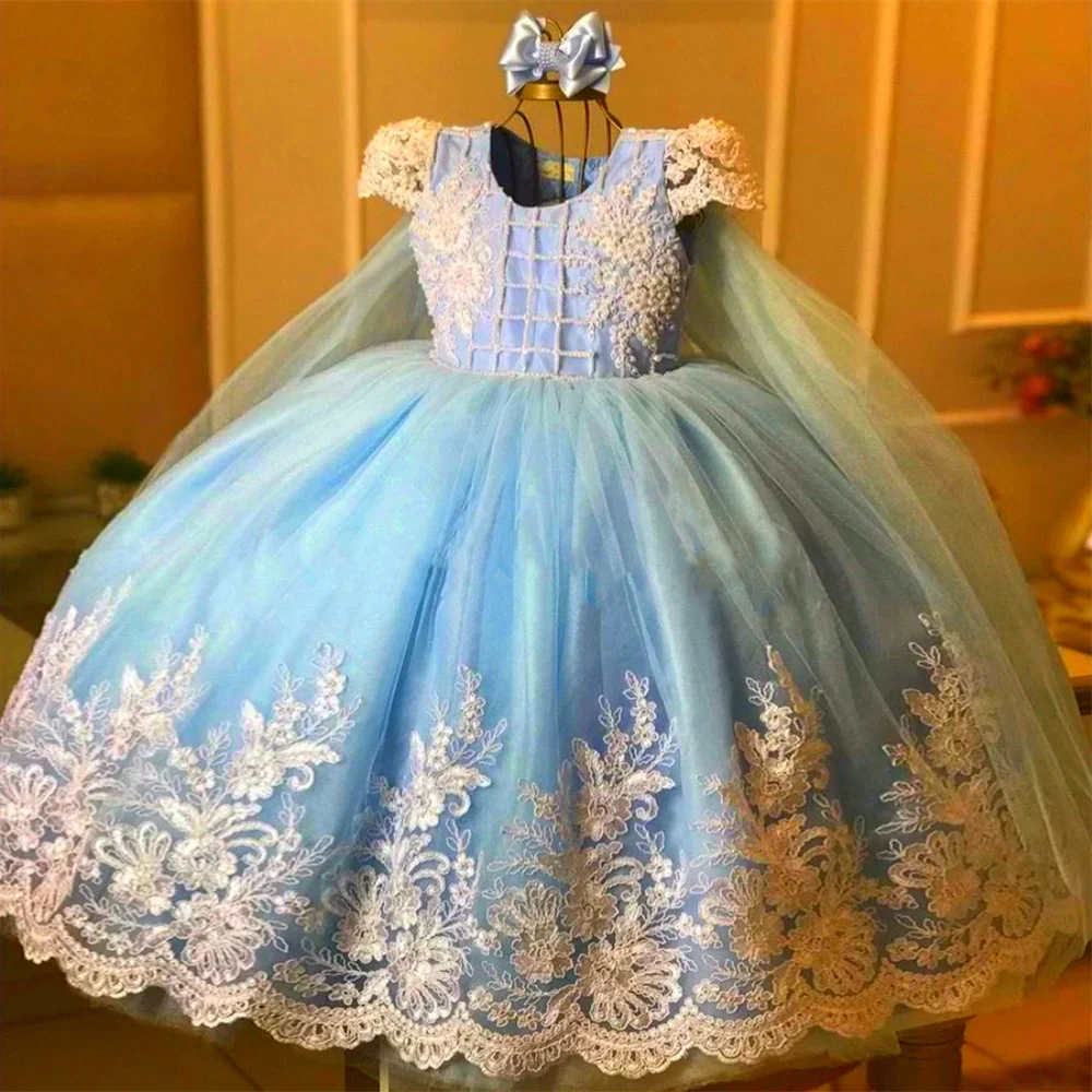 

Flower Girl Dress Baby for Applique Lace Satin Bow O Neck Princess Wedding Party Gown Birthday First Communion