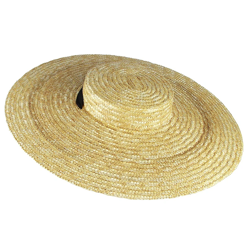 Women Raffia Wide Brim Boater Hat 12/15/18cm Brim Straw Hat Flat Women Summer With White Black Ribbon Tie Sun Hat Beach Cap
