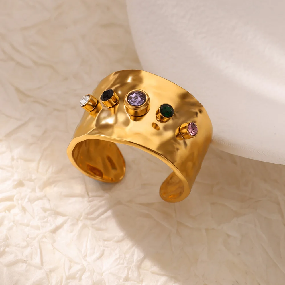 Chunky Zircon Geometric Rings For Women Gold Color Opening Stainless Steel