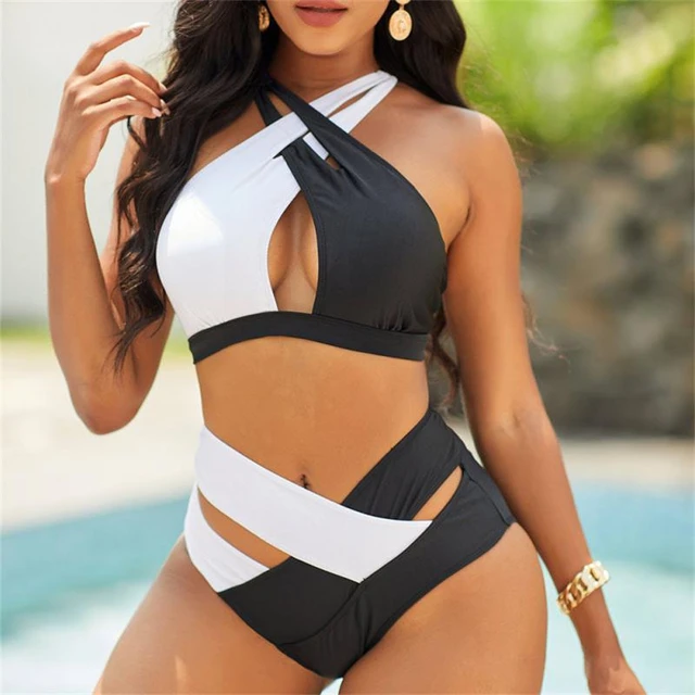 Conjunto de Bikini de dos piezas para mujer, traje de baño Sexy ajustables  con tirantes cruzados, ropa de baño con costuras, cintura alta, Verano -  AliExpress