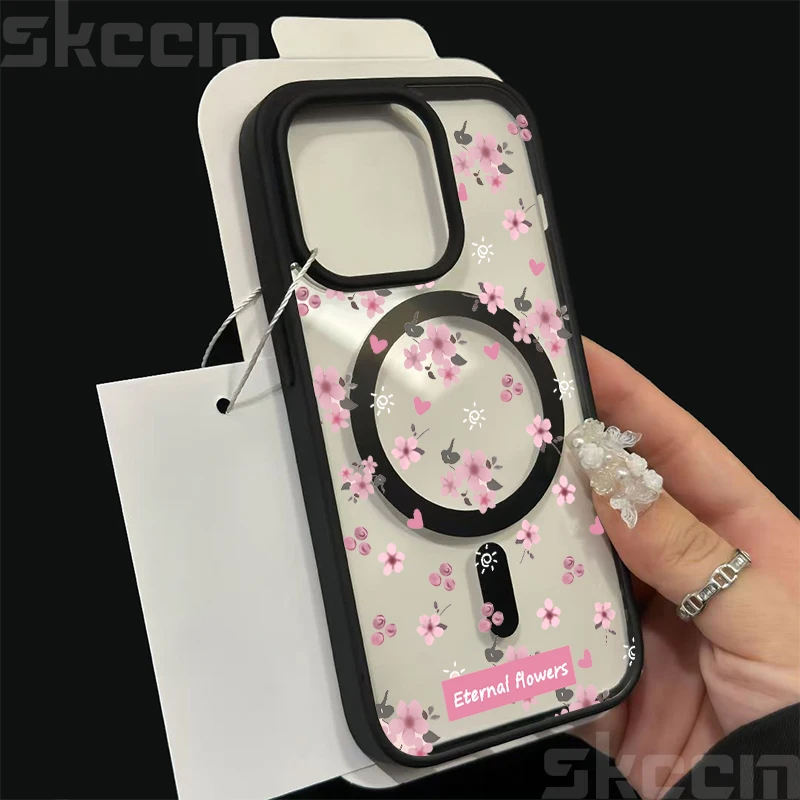 Pink Flower Transparent Shockproof Phone Case with Magnetic Wireless Charging Capability