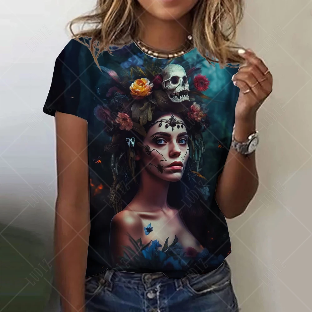 

Fashion Women's T-shirt with Undead Girl skull Graphic 3D Printed Short Sleeve Summer oversized Polyester Fiber Clothing
