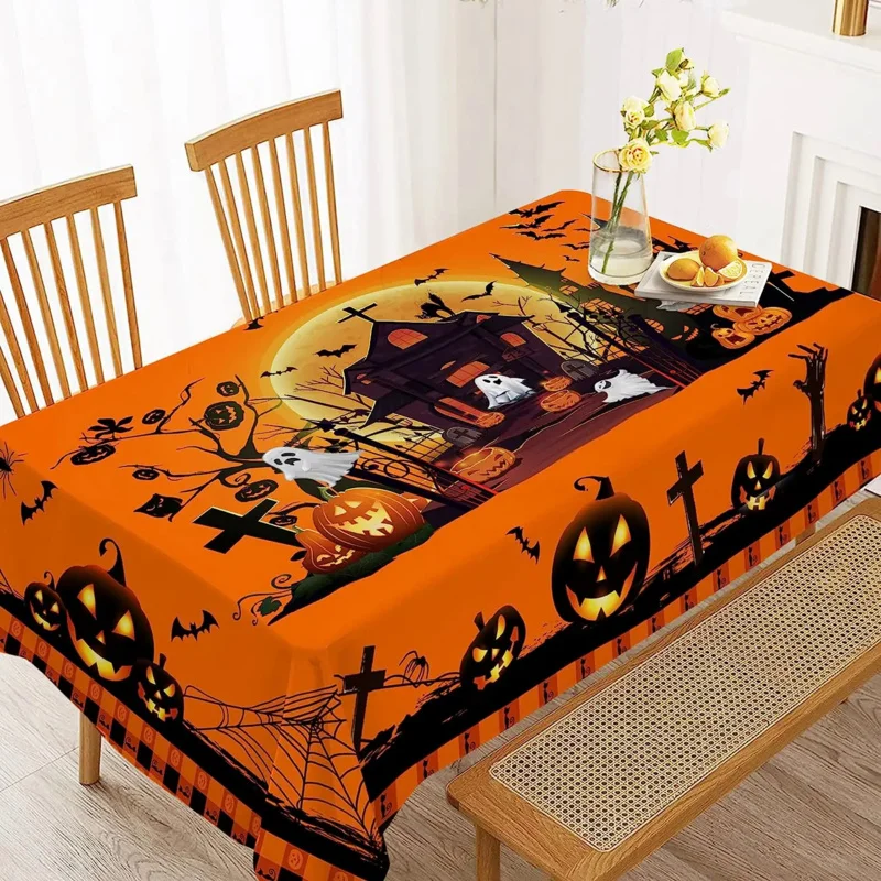 

Rectangle Table Cloth, Halloween Castle Ghost Washable Ron Tablecloth for Family Dinner Party Outdoor Picnic Mats