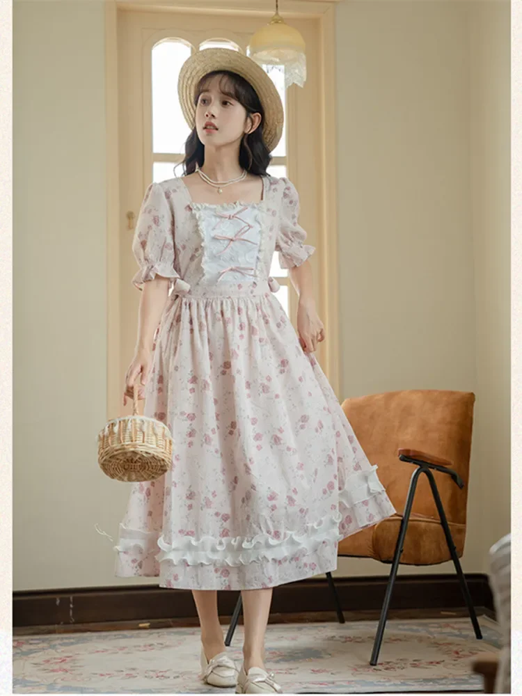 

2023 Square Collar French Style Vintage Dresses for Women Rose Lace Flower Vestido Feminine Summer Sweet Princess Dress Lolita