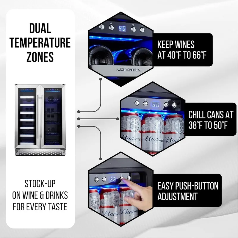 Phiestina Wine Beverage Refrigerator,24’’ Wine Cooler- 20 Bottles&78 Cans,Built-in/Freestanding Dual Zone Wine Fridge Glass Door 3