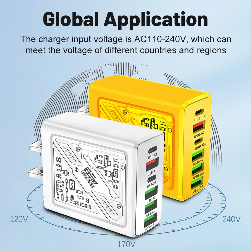 Total 65W 6 Ports Quick Charging Fast Wall Charger For iPhone Samsung Xiaomi Huawei Oppo Mobile Phone EU/US/UK Plug